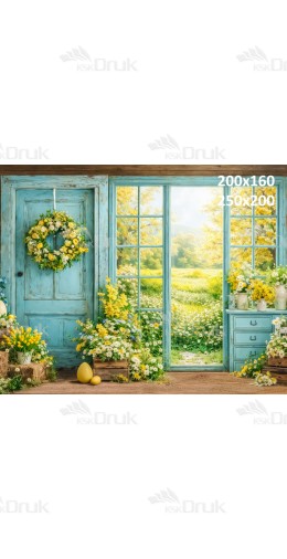 Tło fotograficzne „Wiosenne drzwi z wiankiem i widokiem na łąkę” | E841